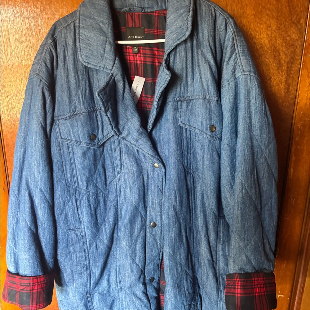 Lane Bryant Quilted Blue Jean Jacket with Red Plaid Lining